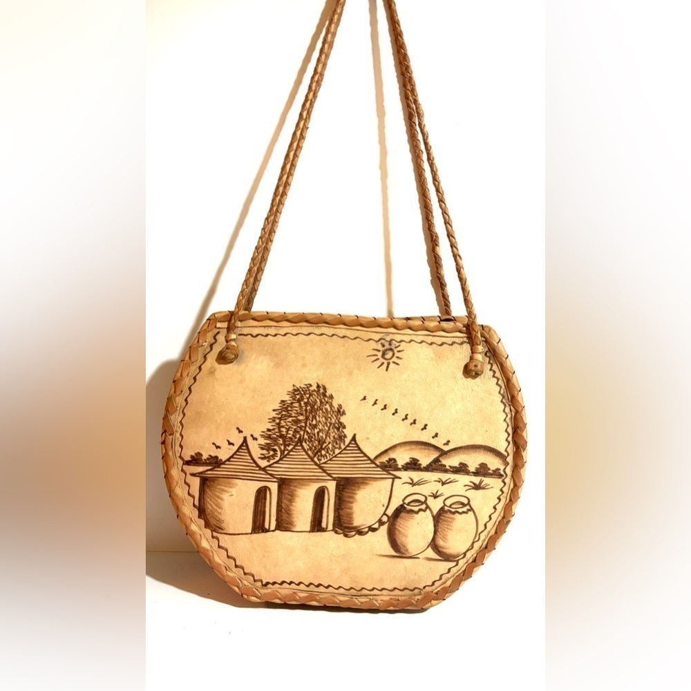Handcrafted  handmade Africa  Tan Leather suede straw  woven Shoulder Bag